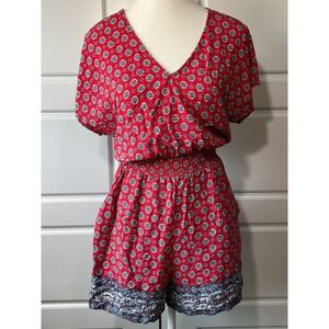 Bebop Red Floral Print Romper V-Neck Short Sleeve Casual Cute Size S‎